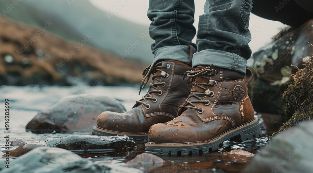 Close-up A man wearing the leather Chilstone boots shoes sitting on rocks by water Generative AI Close-up A man wearing the leather Chilstone boots shoes sitting on rocks by water Generative AI