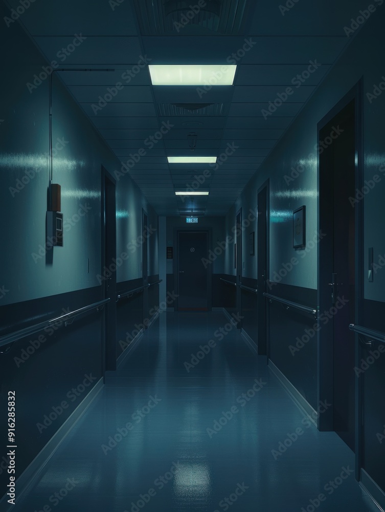 Dark and empty corridor with exit sign. Dark and empty corridor with exit sign.