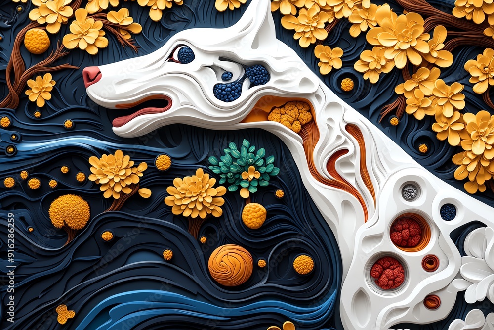 Abstract paper art of a dog surrounded by flowers and swirling patterns. Vibrant colors and intricate design elements. Abstract paper art of a dog surrounded by flowers and swirling patterns. Vibrant colors and intricate design elements.