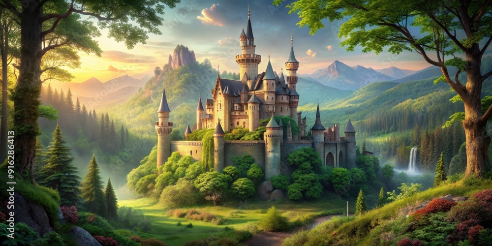 Fototapeta premium Enchanted forest castle surrounded by lush greenery and a majestic fairytale palace in the background, enchanted, forest