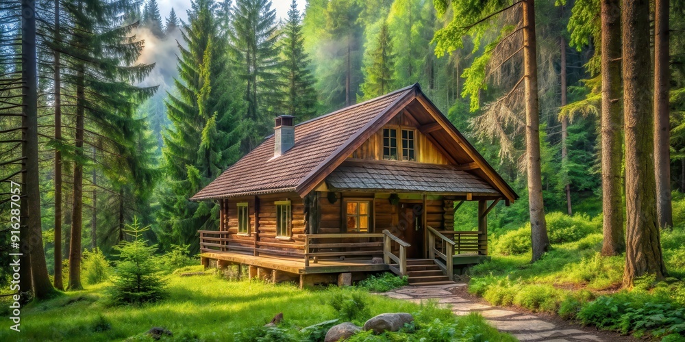 Rustic wooden house nestled in a serene forest setting surrounded by lush greenery , cottage, peaceful, tranquil, nature, cabin Rustic wooden house nestled in a serene forest setting surrounded by lush greenery , cottage, peaceful, tranquil, nature, cabin