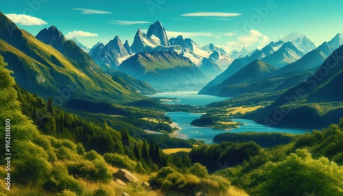 Majestic Mountain Range with Serene Lake and Lush Forests.