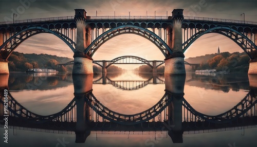 Stunning Sunset Reflection of an Old Iron Bridge over a Calm River photo