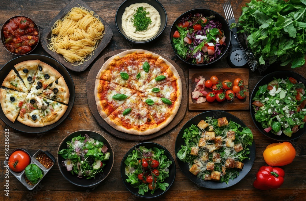 Italian Food Spread on a Wooden Table Italian Food Spread on a Wooden Table