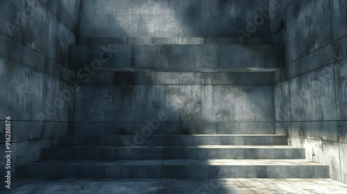 Empty Concrete Room with Steps and Dramatic Lighting