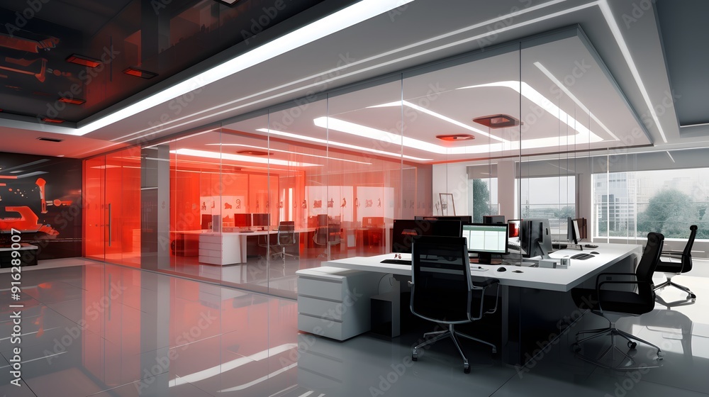 Modern Workspace with Red Neon Highlights and Clean Design Modern Workspace with Red Neon Highlights and Clean Design