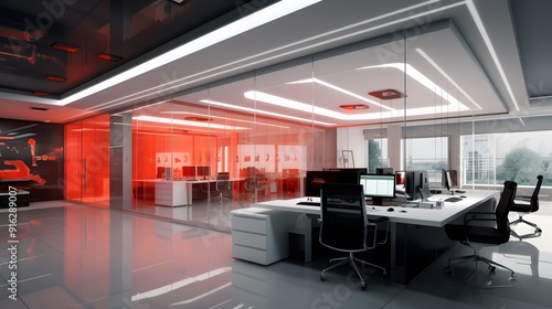 Modern Workspace with Red Neon Highlights and Clean Design