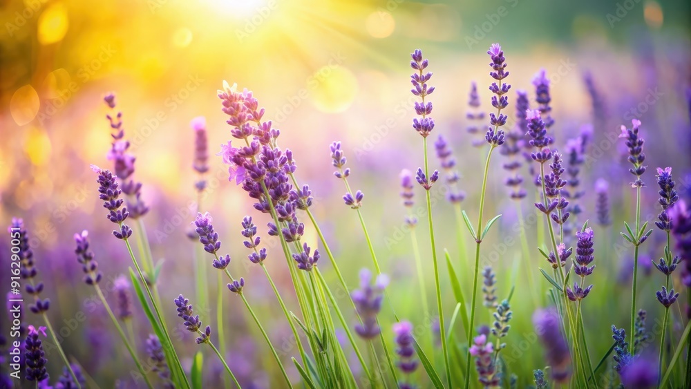 Naklejka premium Blurred summer background featuring wild grass and lavender flowers, nature, outdoors, vibrant, botanical, meadow