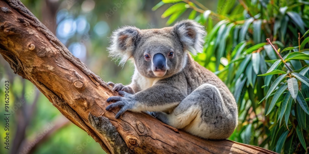 Fototapeta premium Koala lounging on a eucalyptus tree in the wild wildlife, adorable, native Australian animal, nature, eucalyptus leaves, tree