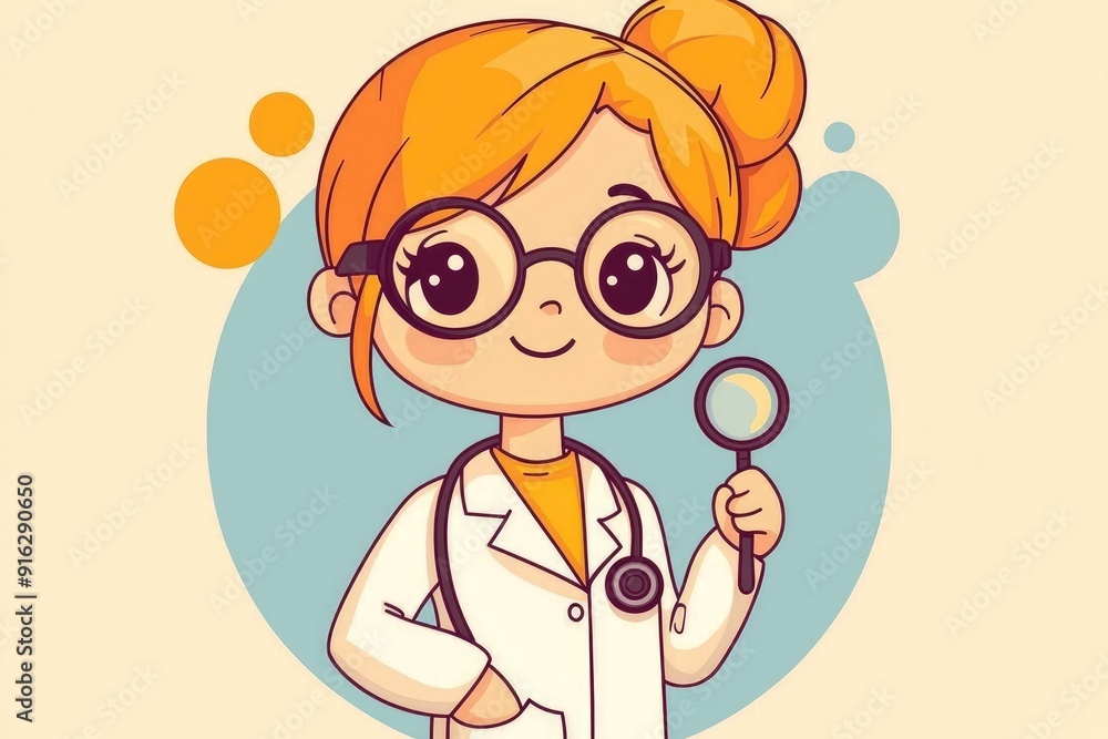 Cute Cartoon Doctor Girl with Magnifying Glass Cute Cartoon Doctor Girl with Magnifying Glass