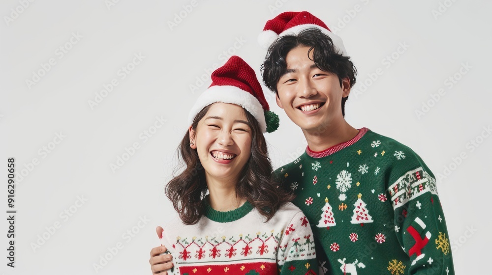 Happy Couple in Matching Christmas Sweaters and Santa Hats Happy Couple in Matching Christmas Sweaters and Santa Hats
