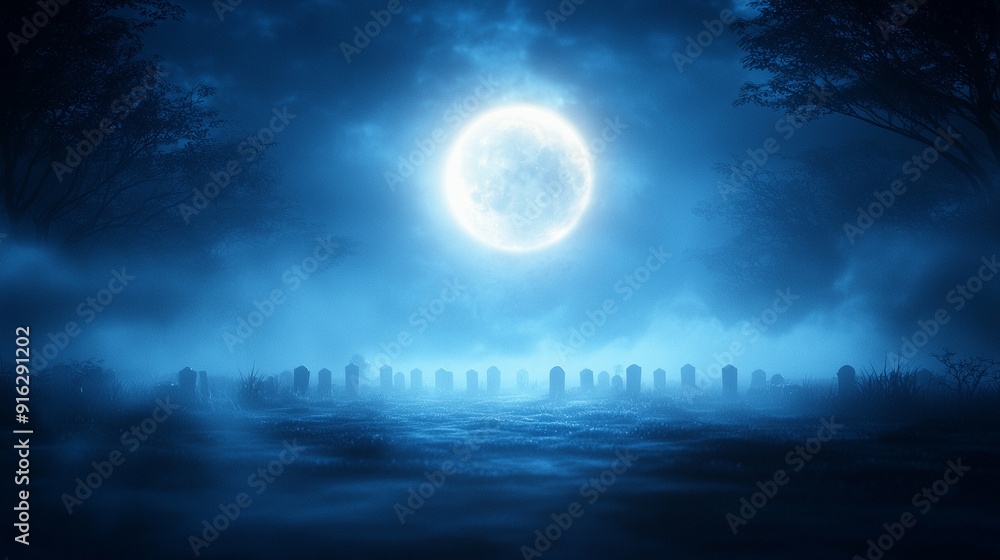 A chilling night scene with a full moon illuminating a foggy graveyard, creating an eerie atmosphere perfect for Halloween. A chilling night scene with a full moon illuminating a foggy graveyard, creating an eerie atmosphere perfect for Halloween.