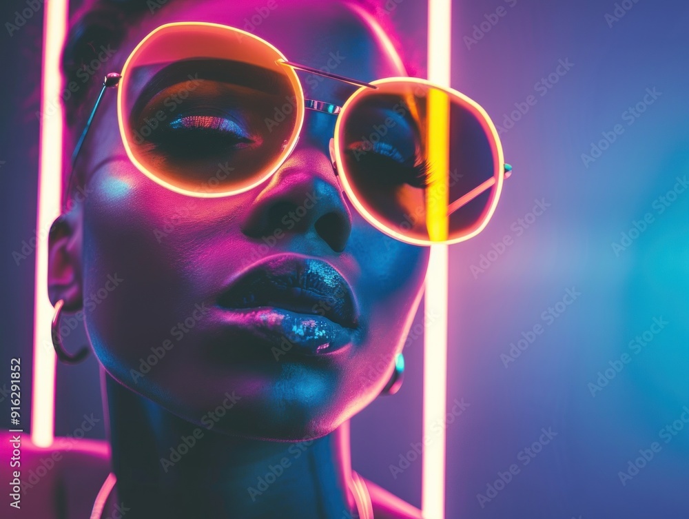 Woman in Neon Light with Sunglasses. Woman in Neon Light with Sunglasses.