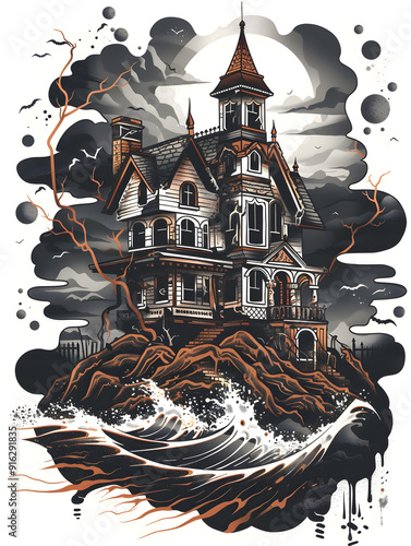 Haunted House traditional tattoo illustration photo