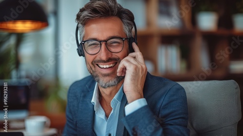 Professional Businessman with Headset Talking to Client on Phone with a Smile