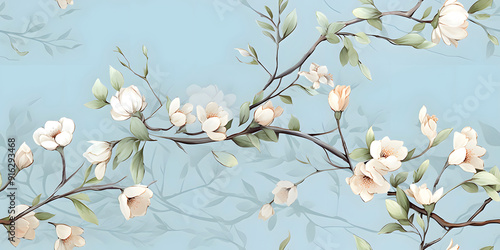 Seamless Watercolor Abstract Spring Natural Floral Blossom White, Pink, Red, Purple, and Blue Flower on a Branch Pattern With Delicate Plant and Flower Leaves Border on Lite Background