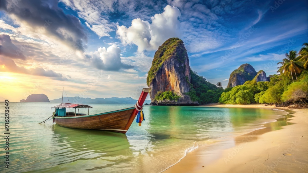 Obraz premium Long boat surrounded by rocks on sandy beach in Krabi, Thailand, long boat, rocks, beach, Krabi, Thailand, traditional