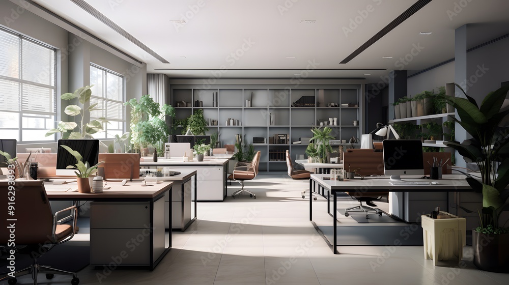 Modern Office Interior with Open Workspace and Glass Partitions Modern Office Interior with Open Workspace and Glass Partitions