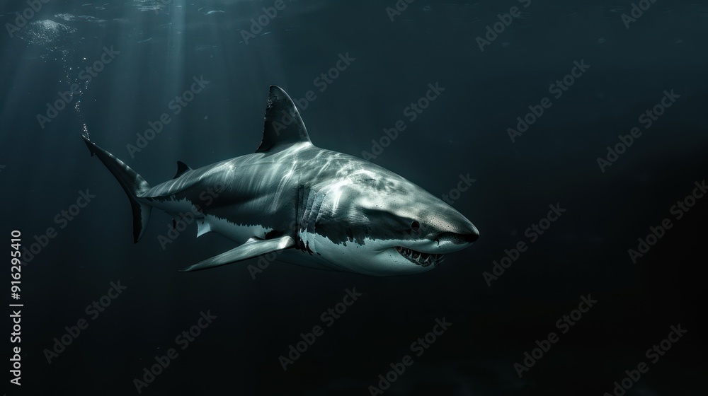 Fototapeta premium Great White Shark Swimming in Dark Ocean Water