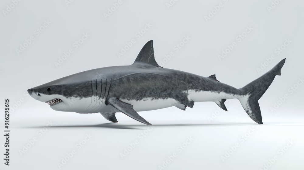 Obraz premium Great White Shark Swimming Against White Background