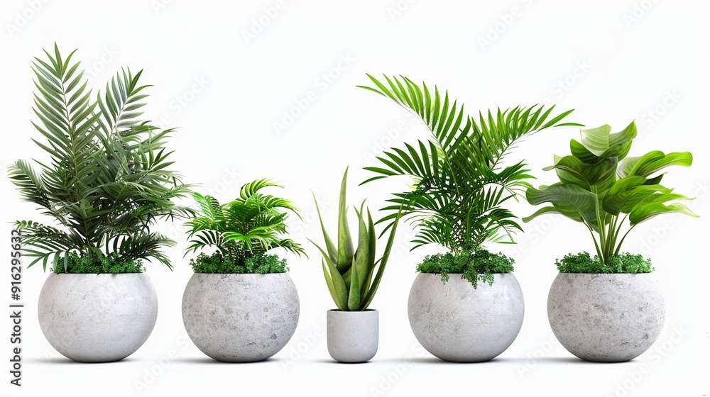 Fototapeta premium A group of plants in a concrete pot isolated on white background.