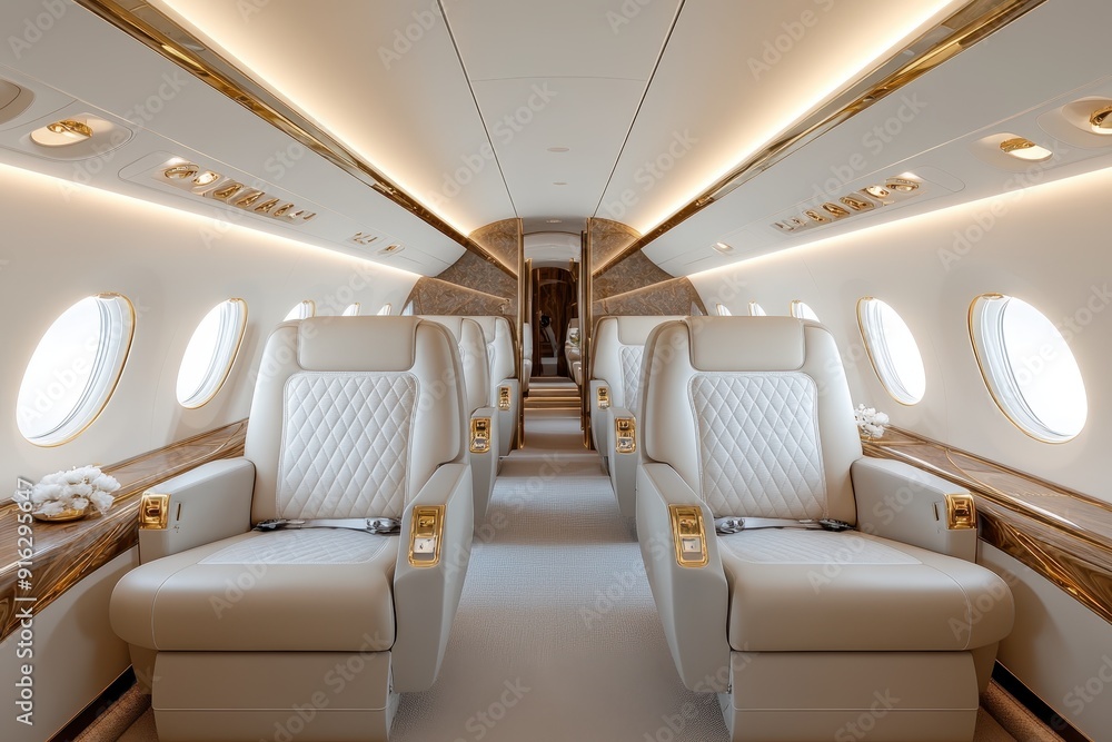 Fototapeta premium Luxurious Private Jet Interior with Plush Leather Seats and Gold Accents, Ready for Boarding