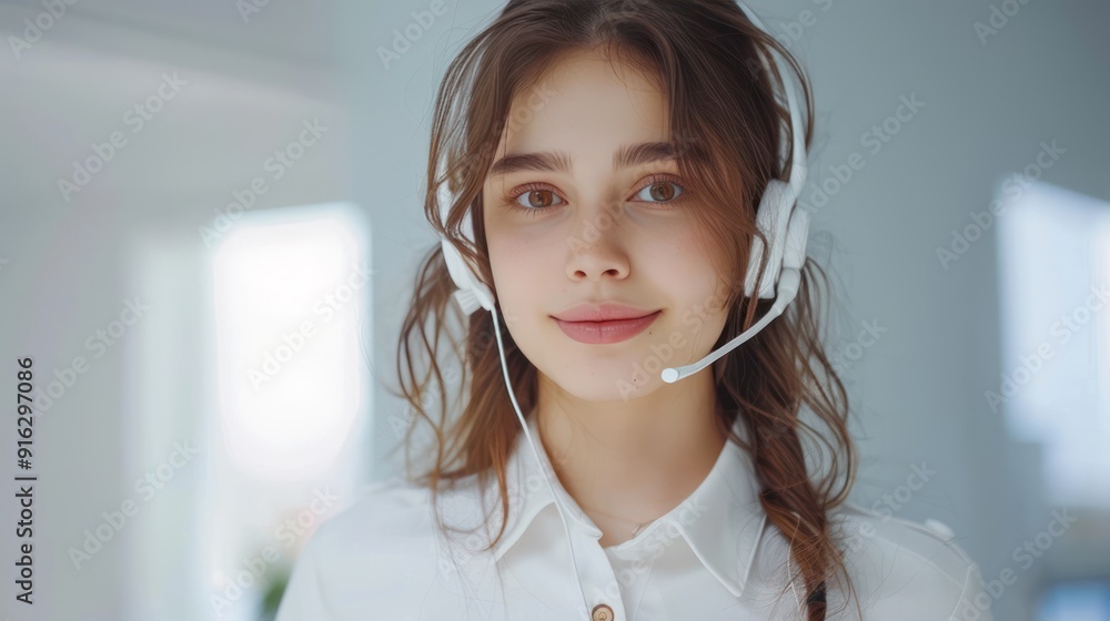 Smiling Call Center Agent in White Uniform and Headset, Ready to Assist You Smiling Call Center Agent in White Uniform and Headset, Ready to Assist You