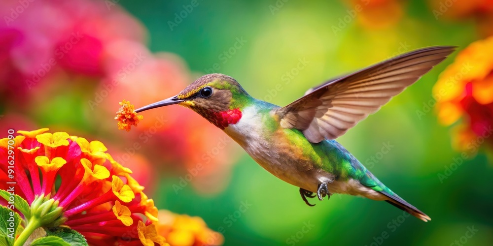 Vibrant photograph of a hummingbird feeding on nectar in a colorful garden, hummingbird, bird, wildlife, nature, colorful, vibrant Vibrant photograph of a hummingbird feeding on nectar in a colorful garden, hummingbird, bird, wildlife, nature, colorful, vibrant