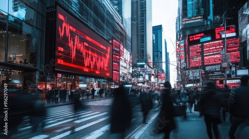 Wallpaper Mural Busy urban street with people moving past digital billboards reflecting a stock market crash, red graphs, and downward trends. Torontodigital.ca