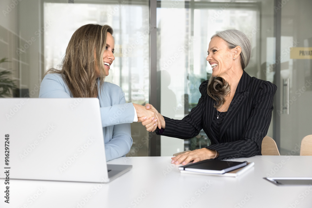 Happy customer and positive consultant giving handshake at office workplace, smiling, laughing, ending meeting in agreement, acquisition, shaking hands, promoting business communication Happy customer and positive consultant giving handshake at office workplace, smiling, laughing, ending meeting in agreement, acquisition, shaking hands, promoting business communication
