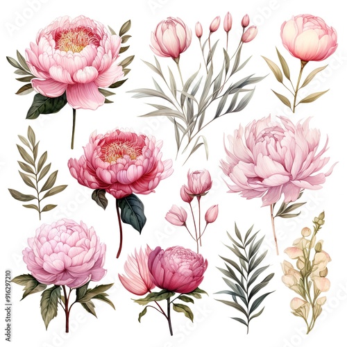 Watercolor pink peonies and foliage isolated on white.