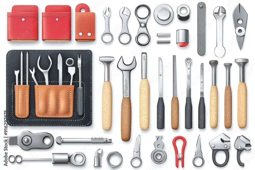 Set of Hand Tools and Accessories in Leather Pouch Set of Hand Tools and Accessories in Leather Pouch