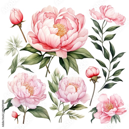 Watercolor pink peonies with leaves and buds.