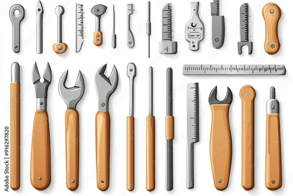 Set of Cartoon Hand Tools with Wooden Handles Set of Cartoon Hand Tools with Wooden Handles