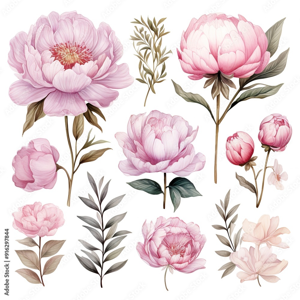 Watercolor pink peony flowers and foliage set. Watercolor pink peony flowers and foliage set.