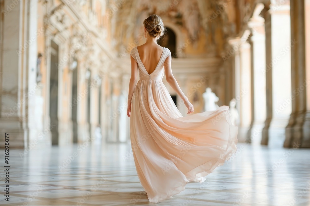 Obraz premium Elegant Woman in Flowing Dress Strolling Through Opulent European Palace, Embodying Historical Luxury and Travel Splendor