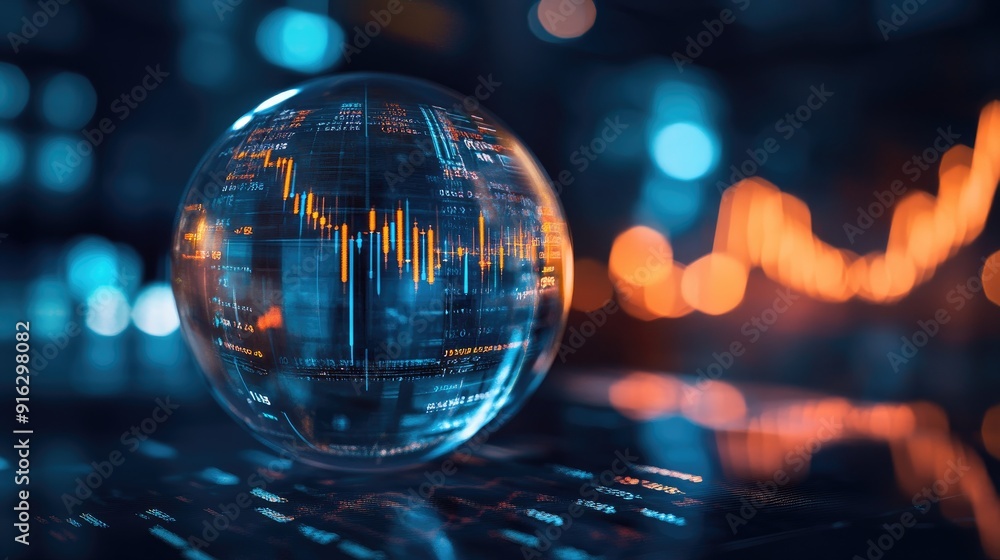 Crystal globe with a stock market chart and candlestick pattern, highlighting investor predictions and future market trends. Crystal globe with a stock market chart and candlestick pattern, highlighting investor predictions and future market trends.