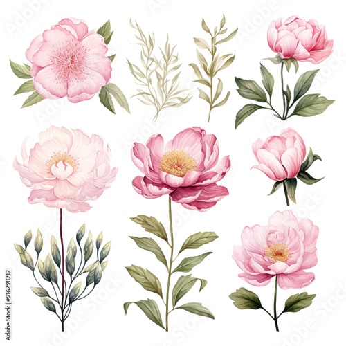 Wallpaper Mural Watercolor Pink Peony Flowers with Green Leaves. Torontodigital.ca