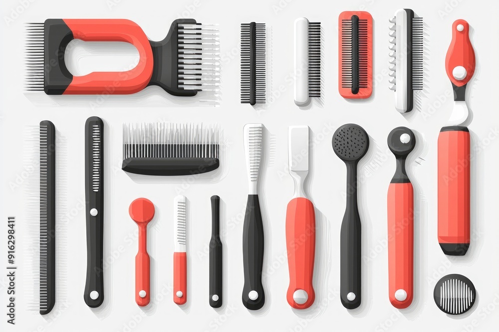 Set of Pet Grooming Tools - Brushes, Combs and Accessories - Flat Design Set of Pet Grooming Tools - Brushes, Combs and Accessories - Flat Design