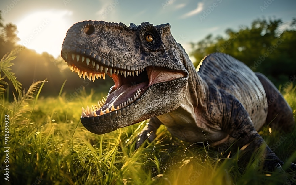 Obraz premium Dinosaur with an intimidating gaze hunting in a sunlit prehistoric forest 