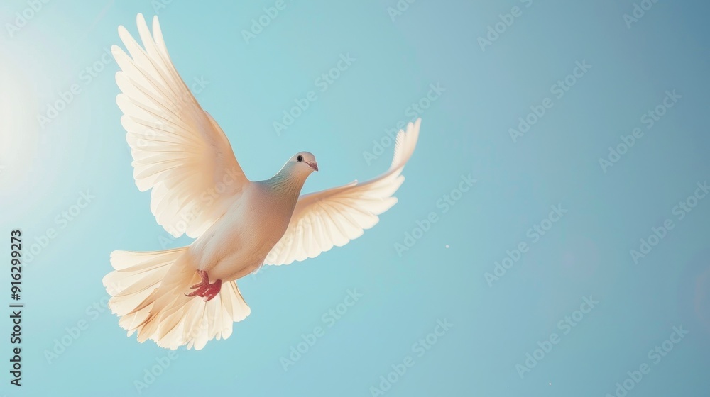 Fototapeta premium White Dove in Flight Against a Blue Sky.
