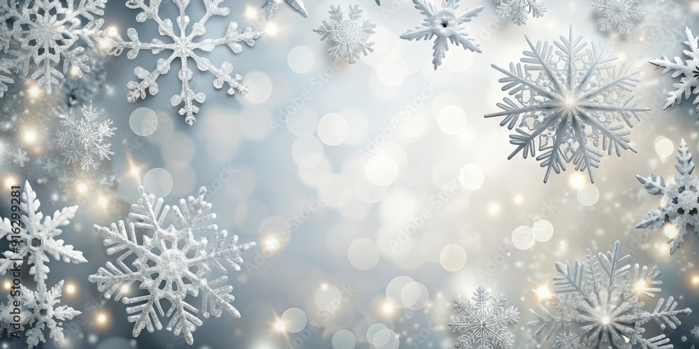Naklejka premium Realistic snowflakes overlay on light silver backdrop for a festive holiday concept , winter, Christmas, decoration, background