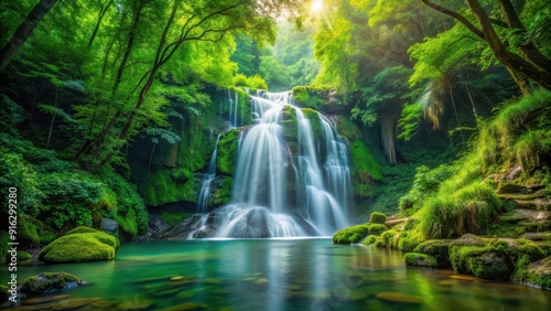 Serene waterfall cascading through lush green forest setting, waterfall, forest, nature, scenic, wilderness