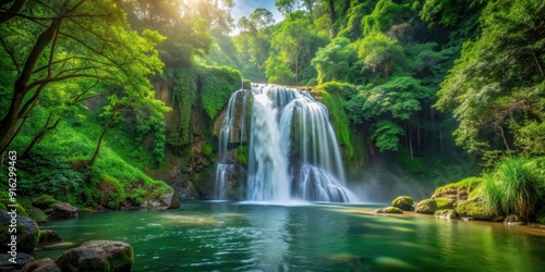 Beautiful waterfall surrounded by lush green forest , nature, outdoors, scenery, tranquil, flowing water, trees