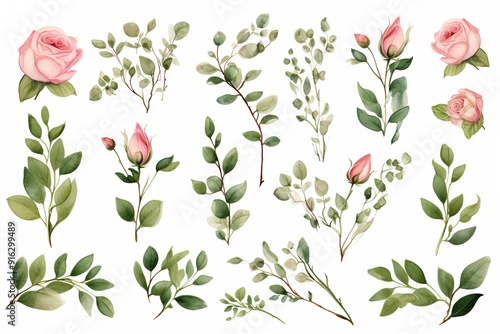 Watercolor pink roses and eucalyptus leaves isolated on white background.