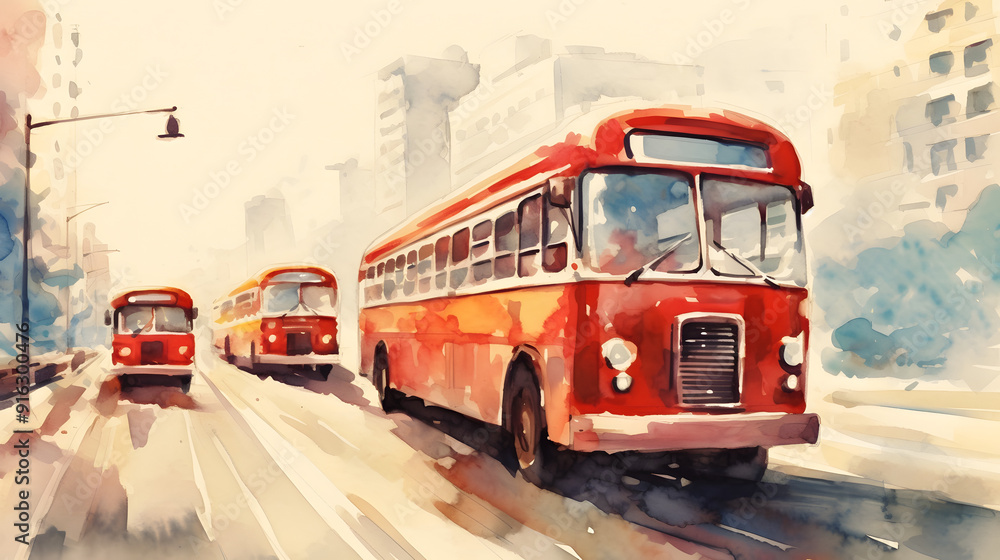 Fototapeta premium Buses Watercolor Style