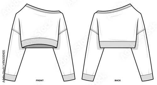 Asymmetric one side off shoulder long sleeve top technical fashion illustration. Long sleeve vector template illustration. front and back view. Relaxed fit. drop shoulder. Women. white. CAD mockup set
