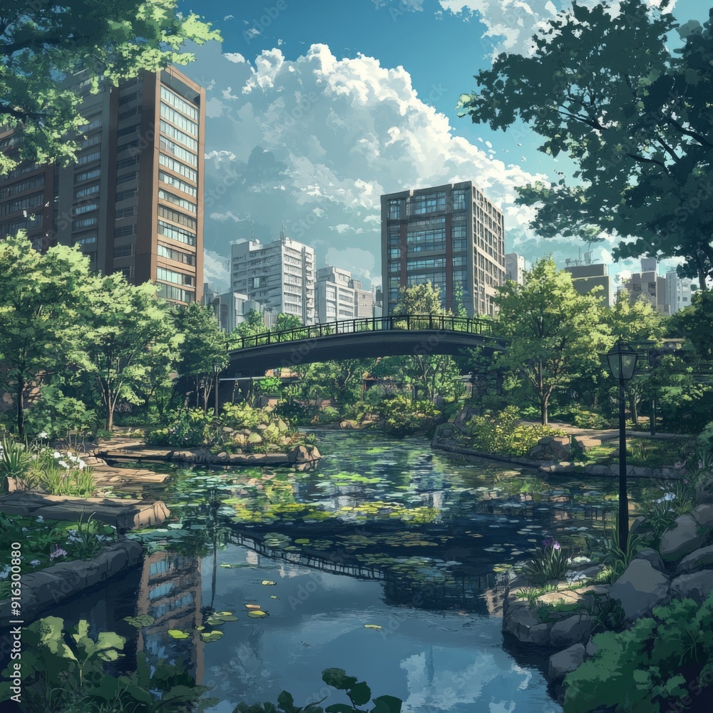 Fototapeta premium Urban Oasis: A Tranquil Anime-Style Park in the Heart of a Bustling City, Offering Peace and Serenity Amidst the Hustle and Bustle,Abstract concepts, game concept art, storybook illustrations