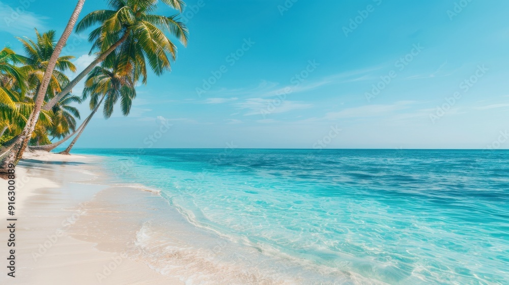 Tranquil Tropical Beach Paradise with Clear Blue Water, Palm Trees, and Sun Glow - Serene Coastal Landscape with Copy Space Tranquil Tropical Beach Paradise with Clear Blue Water, Palm Trees, and Sun Glow - Serene Coastal Landscape with Copy Space