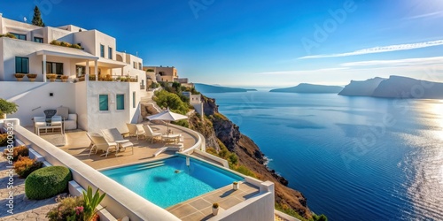 Luxury beachfront hotel and resort with Santorini-inspired architecture and sea views, Luxury, beach, hotel, resort, Santorini